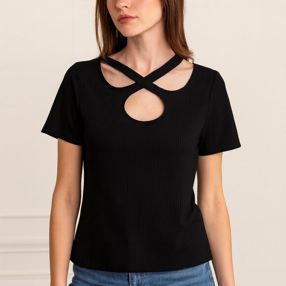 Ashley Stewart Black Cut Out Ribbed Edgy Short Sleeve Tee Top Size 14/16 NEW - Picture 1 of 4